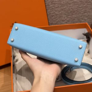 Hermes Kelly Mini 2 19CM Bag Handmade In Epsom Calfskin Leather Silver Hardware 7N Celeste - Image 17