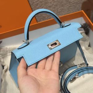 Hermes Kelly Mini 2 19CM Bag Handmade In Epsom Calfskin Leather Silver Hardware 7N Celeste - Image 15