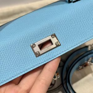 Hermes Kelly Mini 2 19CM Bag Handmade In Epsom Calfskin Leather Silver Hardware 7N Celeste - Image 12