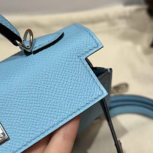 Hermes Kelly Mini 2 19CM Bag Handmade In Epsom Calfskin Leather Silver Hardware 7N Celeste - Image 11