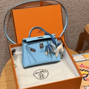 Hermes Kelly Mini 2 19CM Bag Handmade In Epsom Calfskin Leather Silver Hardware 7N Celeste - Image 3