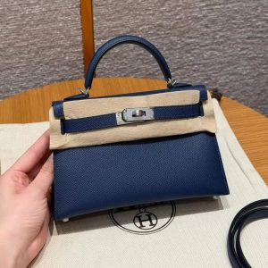 Hermes Kelly Mini 2 19CM Bag Handmade In Epsom Calfskin Leather Silver Hardware 7U Blue Navy