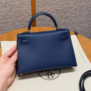 Hermes Kelly Mini 2 19CM Bag Handmade In Epsom Calfskin Leather Silver Hardware 7U Blue Navy - Image 2