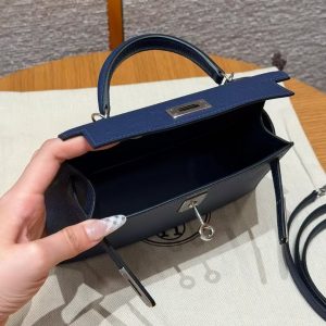 Hermes Kelly Mini 2 19CM Bag Handmade In Epsom Calfskin Leather Silver Hardware 7U Blue Navy - Image 17