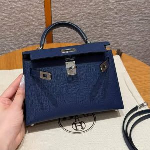 Hermes Kelly Mini 2 19CM Bag Handmade In Epsom Calfskin Leather Silver Hardware 7U Blue Navy - Image 13