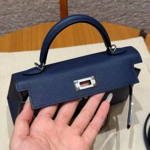 Hermes Kelly Mini 2 19CM Bag Handmade In Epsom Calfskin Leather Silver Hardware 7U Blue Navy - Image 11