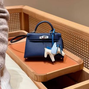Hermes Kelly Mini 2 19CM Bag Handmade In Epsom Calfskin Leather Silver Hardware 7U Blue Navy - Image 6