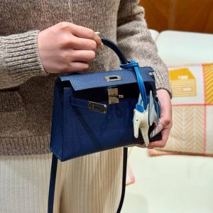 Hermes Kelly Mini 2 19CM Bag Handmade In Epsom Calfskin Leather Silver Hardware 7U Blue Navy - Image 4