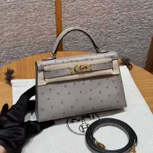 Hermes Kelly Mini 2 19CM Bag Handmade In KK Ostrich Leather from South Africa Gold Hardware 81 Gris Tourerlle