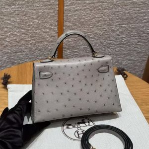 Hermes Kelly Mini 2 19CM Bag Handmade In KK Ostrich Leather from South Africa Gold Hardware 81 Gris Tourerlle - Image 2