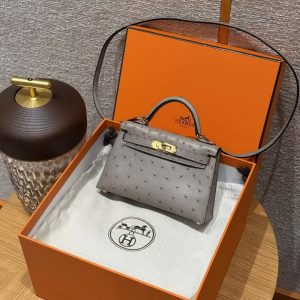 Hermes Kelly Mini 2 19CM Bag Handmade In KK Ostrich Leather from South Africa Gold Hardware 81 Gris Tourerlle - Image 11