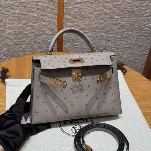 Hermes Kelly Mini 2 19CM Bag Handmade In KK Ostrich Leather from South Africa Gold Hardware 81 Gris Tourerlle - Image 10