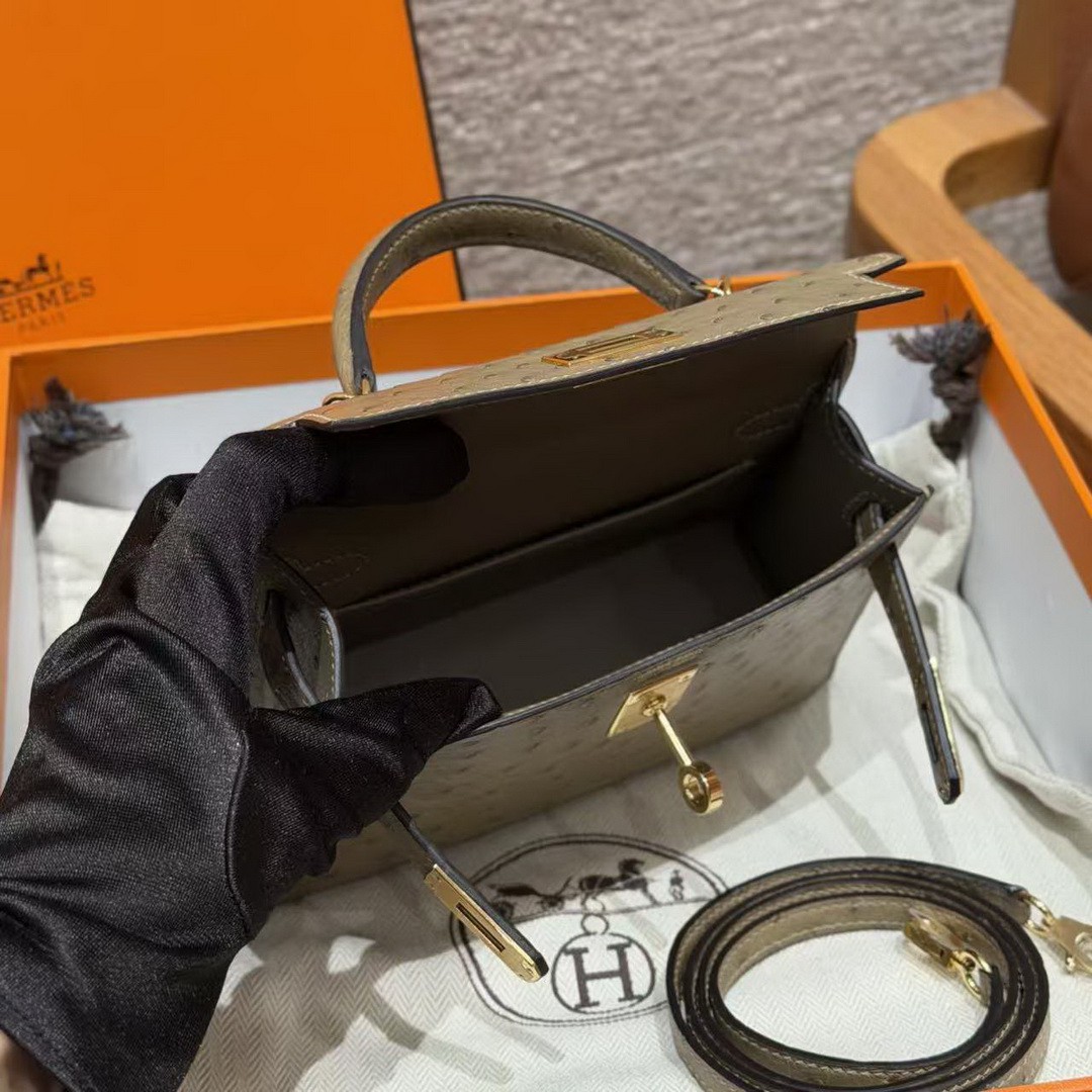 Hermes Kelly Mini 2 19CM Bag Handmade In KK Ostrich Leather from South Africa Gold Hardware 81 Gris Tourterlle - Image 21