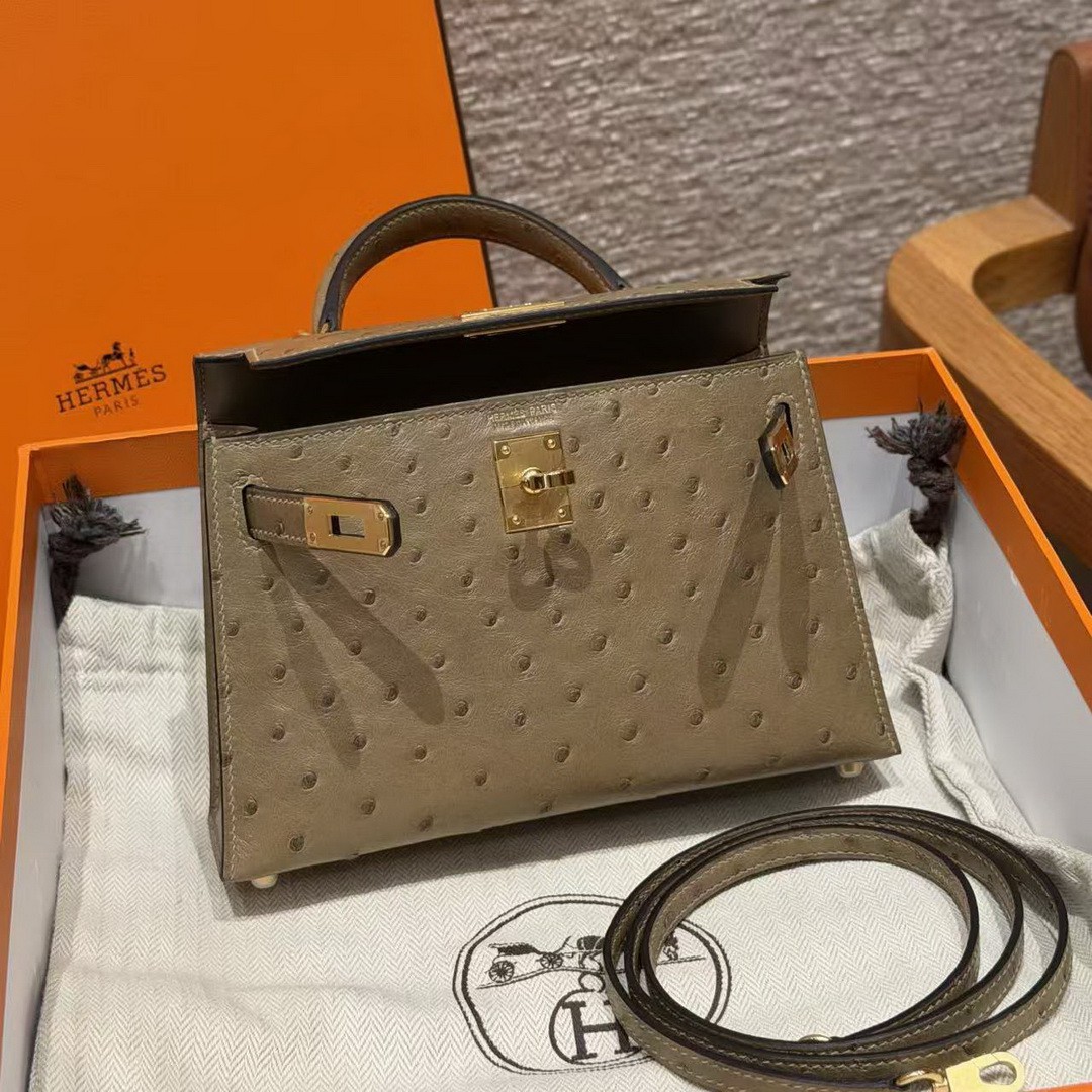 Hermes Kelly Mini 2 19CM Bag Handmade In KK Ostrich Leather from South Africa Gold Hardware 81 Gris Tourterlle - Image 16