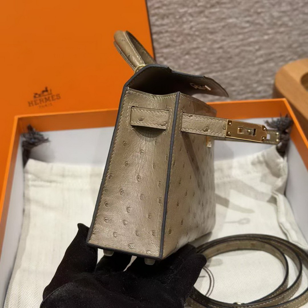 Hermes Kelly Mini 2 19CM Bag Handmade In KK Ostrich Leather from South Africa Gold Hardware 81 Gris Tourterlle - Image 15
