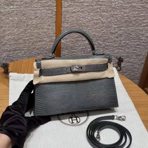 Hermes Kelly Mini 2 19CM Bag Handmade In Lizard Leather from South Africa Silver Hardware 85 Ardoise