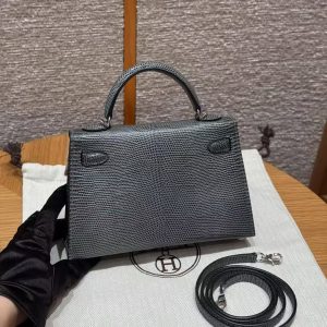 Hermes Kelly Mini 2 19CM Bag Handmade In Lizard Leather from South Africa Silver Hardware 85 Ardoise - Image 2