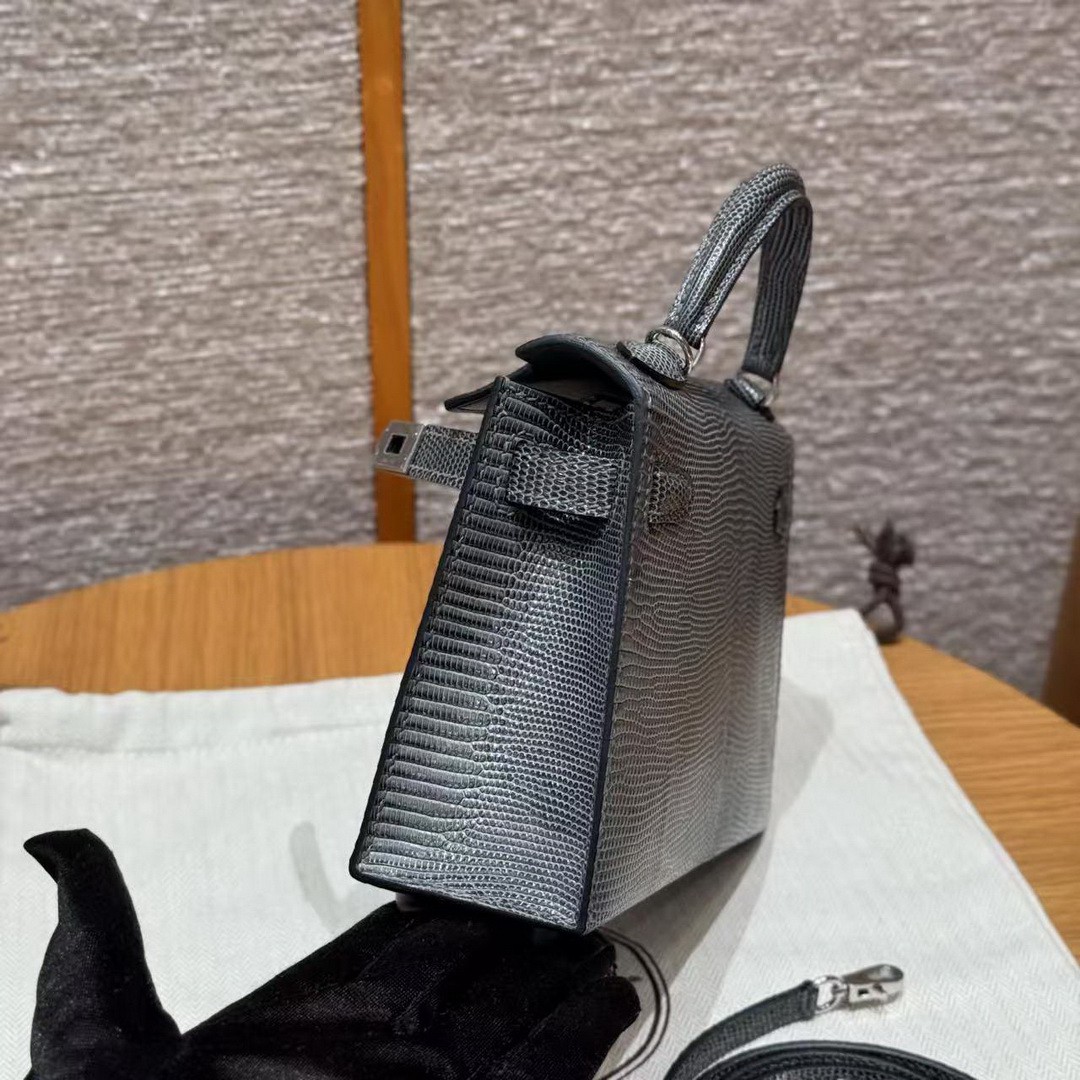 Hermes Kelly Mini 2 19CM Bag Handmade In Lizard Leather from South Africa Silver Hardware 85 Ardoise - Image 17