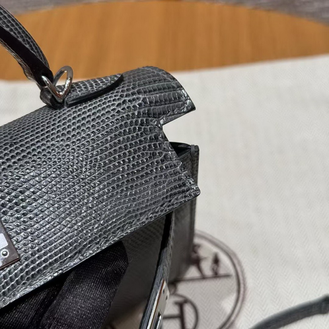 Hermes Kelly Mini 2 19CM Bag Handmade In Lizard Leather from South Africa Silver Hardware 85 Ardoise - Image 16