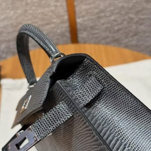 Hermes Kelly Mini 2 19CM Bag Handmade In Lizard Leather from South Africa Silver Hardware 85 Ardoise - Image 15