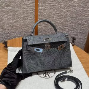 Hermes Kelly Mini 2 19CM Bag Handmade In Lizard Leather from South Africa Silver Hardware 85 Ardoise - Image 10