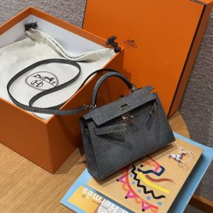 Hermes Kelly Mini 2 19CM Bag Handmade In Lizard Leather from South Africa Silver Hardware 85 Ardoise - Image 9