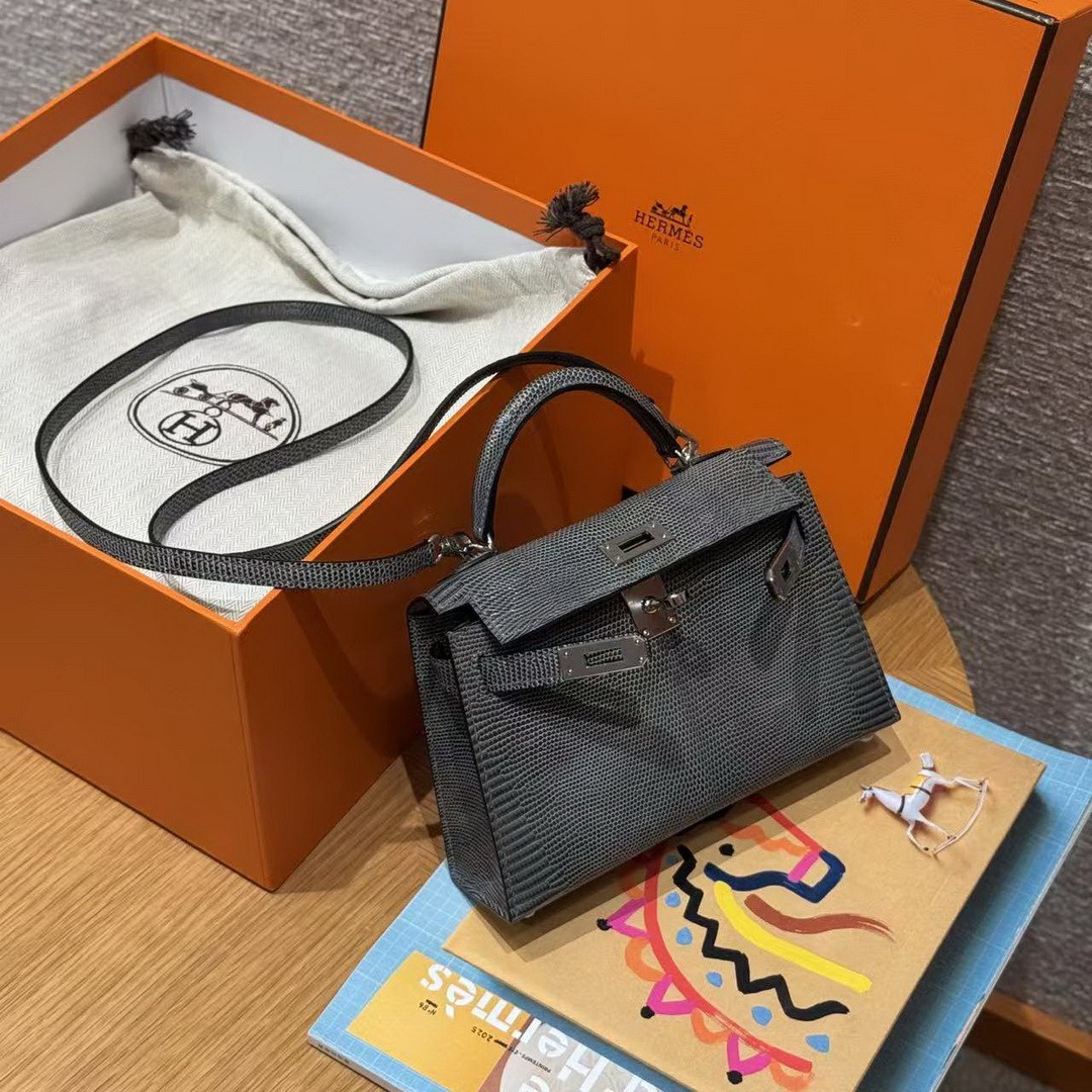 Hermes Kelly Mini 2 19CM Bag Handmade In Lizard Leather from South Africa Silver Hardware 85 Ardoise - Image 9