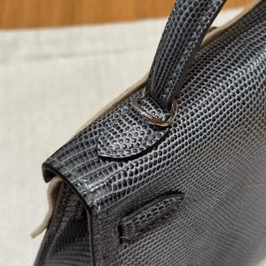 Hermes Kelly Mini 2 19CM Bag Handmade In Lizard Leather from South Africa Silver Hardware 85 Ardoise - Image 5