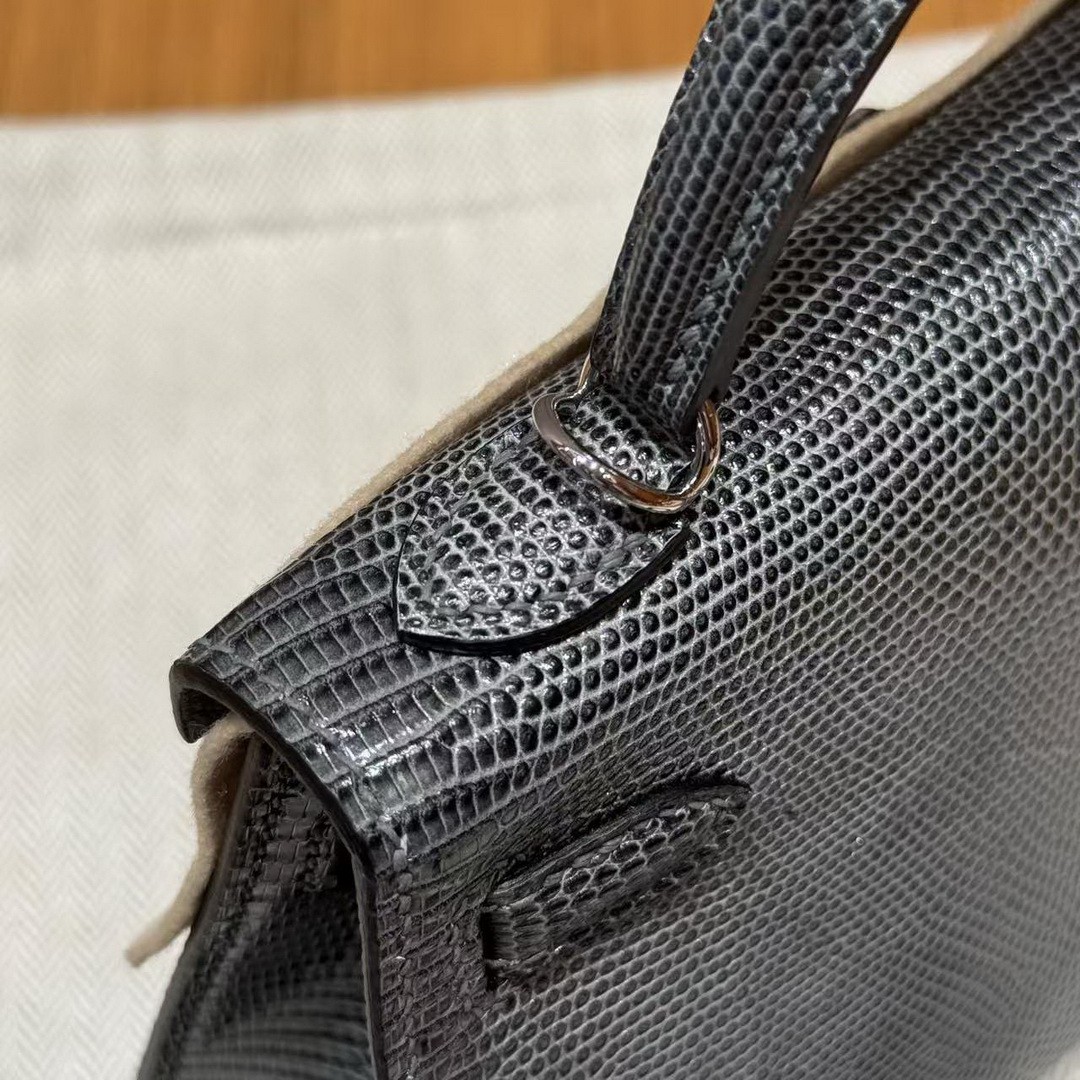 Hermes Kelly Mini 2 19CM Bag Handmade In Lizard Leather from South Africa Silver Hardware 85 Ardoise - Image 5