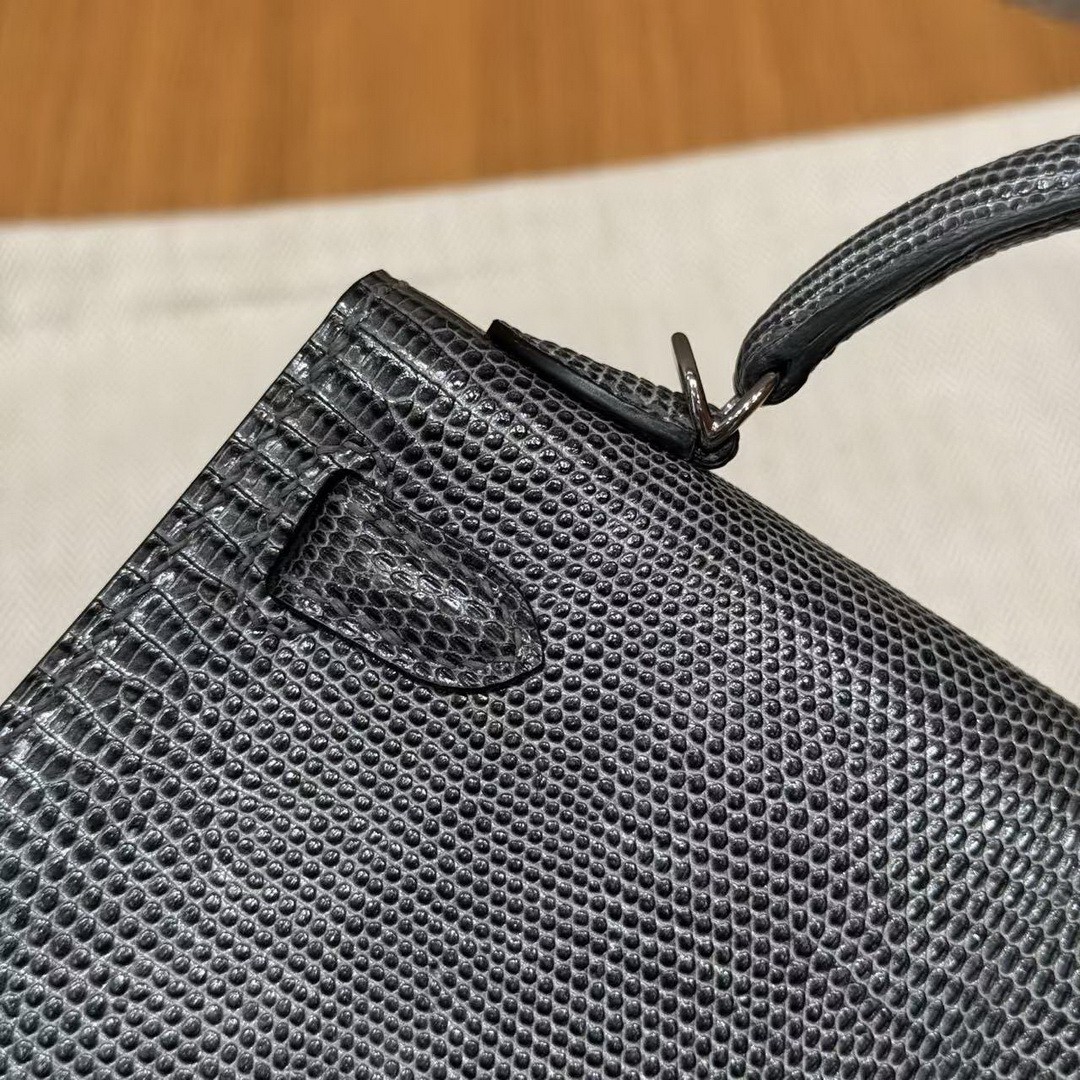 Hermes Kelly Mini 2 19CM Bag Handmade In Lizard Leather from South Africa Silver Hardware 85 Ardoise - Image 4