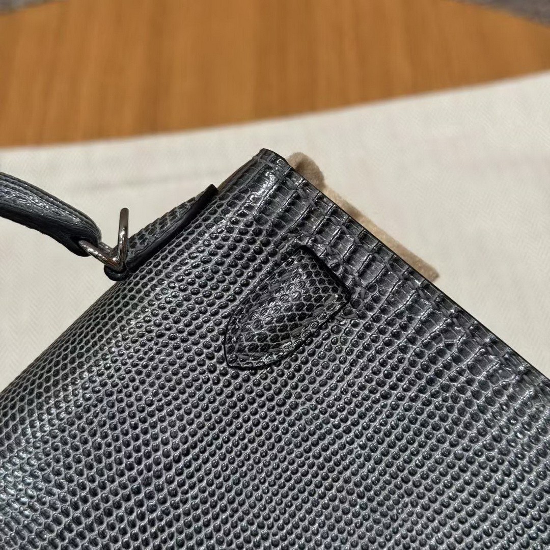 Hermes Kelly Mini 2 19CM Bag Handmade In Lizard Leather from South Africa Silver Hardware 85 Ardoise - Image 3