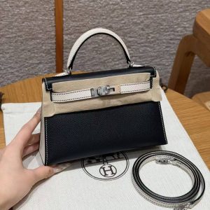 Hermes Kelly Mini 2 19CM Bag Handmade In Epsom Calfskin Leather Silver Hardware 89 Noir 10 Craie
