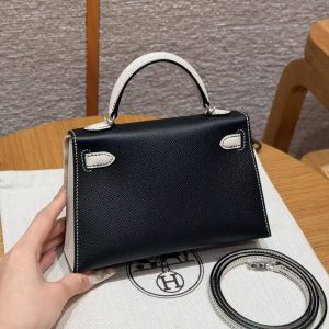 Hermes Kelly Mini 2 19CM Bag Handmade In Epsom Calfskin Leather Silver Hardware 89 Noir 10 Craie - Image 2