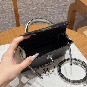 Hermes Kelly Mini 2 19CM Bag Handmade In Epsom Calfskin Leather Silver Hardware 89 Noir 10 Craie - Image 17