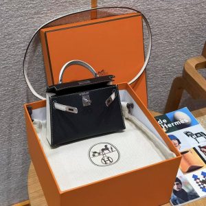 Hermes Kelly Mini 2 19CM Bag Handmade In Epsom Calfskin Leather Silver Hardware 89 Noir 10 Craie - Image 14