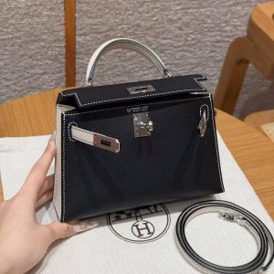 Hermes Kelly Mini 2 19CM Bag Handmade In Epsom Calfskin Leather Silver Hardware 89 Noir 10 Craie - Image 13