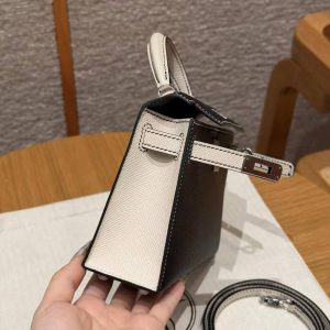 Hermes Kelly Mini 2 19CM Bag Handmade In Epsom Calfskin Leather Silver Hardware 89 Noir 10 Craie - Image 12