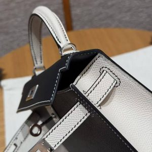 Hermes Kelly Mini 2 19CM Bag Handmade In Epsom Calfskin Leather Silver Hardware 89 Noir 10 Craie - Image 11