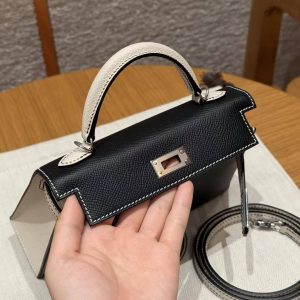 Hermes Kelly Mini 2 19CM Bag Handmade In Epsom Calfskin Leather Silver Hardware 89 Noir 10 Craie - Image 10