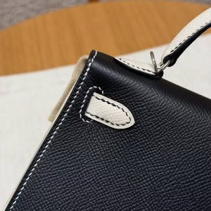 Hermes Kelly Mini 2 19CM Bag Handmade In Epsom Calfskin Leather Silver Hardware 89 Noir 10 Craie - Image 8