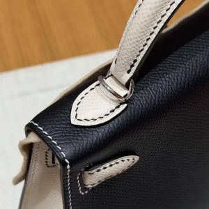 Hermes Kelly Mini 2 19CM Bag Handmade In Epsom Calfskin Leather Silver Hardware 89 Noir 10 Craie - Image 7