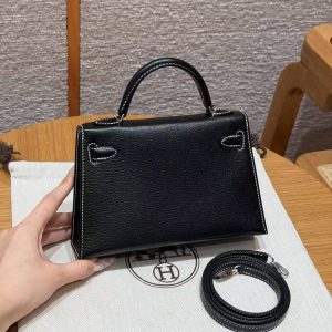 Hermes Kelly Mini 2 19CM Bag Handmade In Chèvre Calfskin Leather Silver Hardware 89 Noir 9R Lime - Image 2