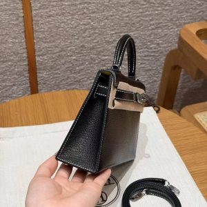 Hermes Kelly Mini 2 19CM Bag Handmade In Chèvre Calfskin Leather Silver Hardware 89 Noir 9R Lime - Image 21