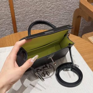 Hermes Kelly Mini 2 19CM Bag Handmade In Chèvre Calfskin Leather Silver Hardware 89 Noir 9R Lime - Image 18