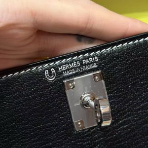Hermes Kelly Mini 2 19CM Bag Handmade In Chèvre Calfskin Leather Silver Hardware 89 Noir 9R Lime - Image 17