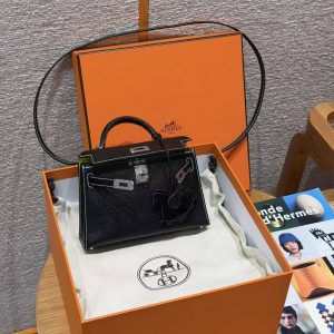 Hermes Kelly Mini 2 19CM Bag Handmade In Chèvre Calfskin Leather Silver Hardware 89 Noir 9R Lime - Image 14