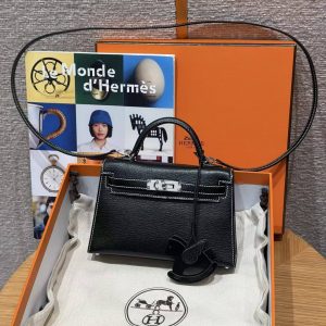 Hermes Kelly Mini 2 19CM Bag Handmade In Chèvre Calfskin Leather Silver Hardware 89 Noir 9R Lime - Image 13