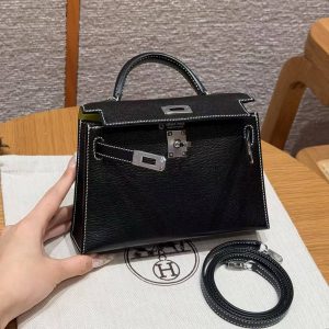 Hermes Kelly Mini 2 19CM Bag Handmade In Chèvre Calfskin Leather Silver Hardware 89 Noir 9R Lime - Image 12