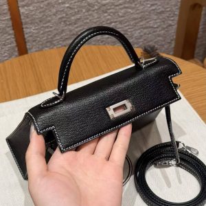 Hermes Kelly Mini 2 19CM Bag Handmade In Chèvre Calfskin Leather Silver Hardware 89 Noir 9R Lime - Image 10