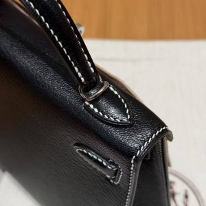 Hermes Kelly Mini 2 19CM Bag Handmade In Chèvre Calfskin Leather Silver Hardware 89 Noir 9R Lime - Image 8